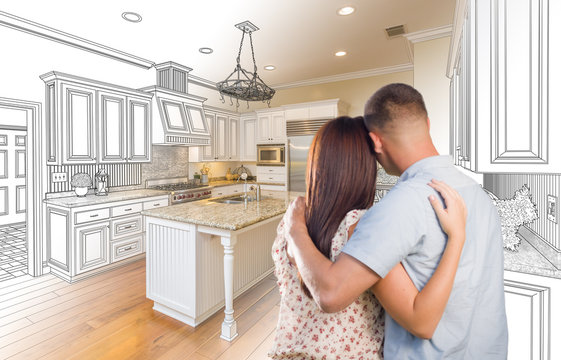 Young Military Couple Inside Custom Kitchen And Design Drawing C