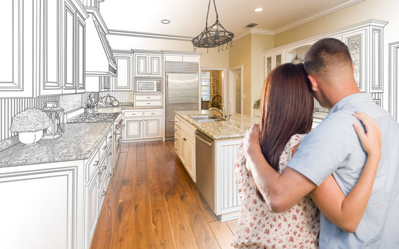 Young Military Couple Inside Custom Kitchen and Design Drawing Combination