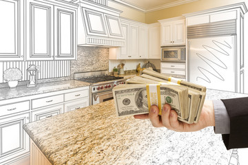 Hand Handing Cash Over Kitchen Design Drawing and Photo Combination