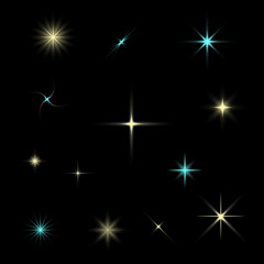 Sparkling stars collection isolated on a black background . Vector illustration .