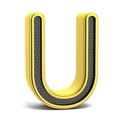 Golden and black round alphabet. Letter U. 3D render illustration isolated on white background with soft shadow