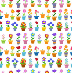 Seamless flowers in pots background pattern. 