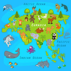 map of Eurasia with animals - vector illustration, eps