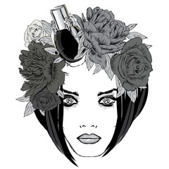 Portrait of a girl in a wreath. Wreath with a bottle of perfume. Women's perfume. Stylish pattern vector. Print.