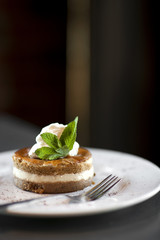 Pumpkin dessert with vanilla cream cheese filling, topped with whipped cream and a mint 