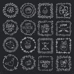 Love heart doodle brushes.Valentine,wedding frame.Chalk