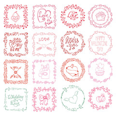 Love heart doodle brushes.Valentine,wedding frame.Pink