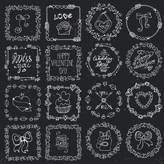 Love heart doodle brushes.Valentine,wedding frame.Chalk