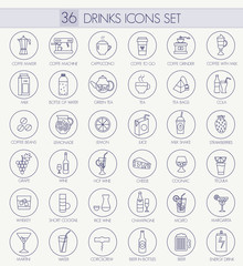 Outline thin line style vector web icon set - types of drink beverages.