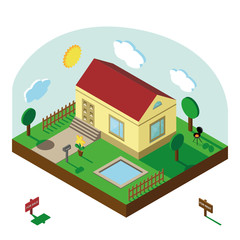 Isometric house.3D Village landscape,summer yard,sky