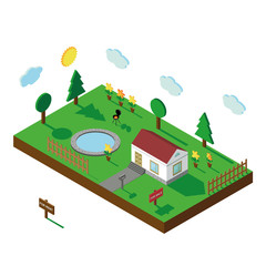 Isometric house.3D Village landscape.Isolated  Yard