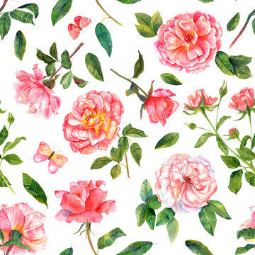 Seamless pattern with vintage style roses and butterflies