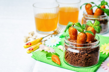 chocolate biscuit in a jar and dried apricots cashew candies in