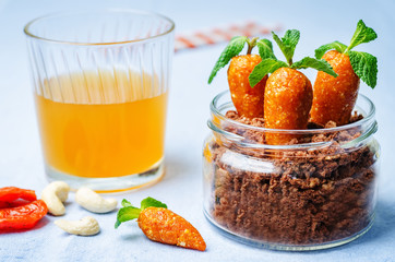 chocolate biscuit in a jar and dried apricots cashew candies in