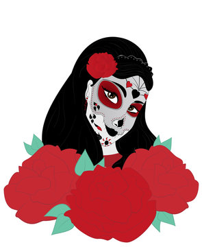 Dia de los Muertos sugar skull girl with roses for Day of the Dead