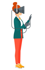 Woman wearing virtual reality headset.