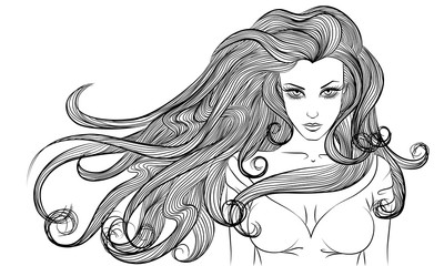 young long hair woman outline monochrome drawing