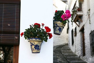 Fototapeta na wymiar Традиционные испанские керамические горшки с цветами на белом доме