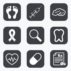 Medicine, medical health and diagnosis icons.