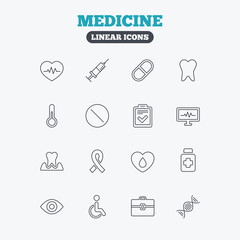 Medicine icons. Syringe, heartbeat and pills.