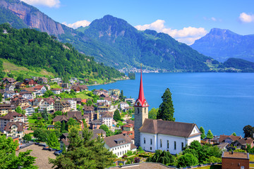 Fototapeta na wymiar Lake Lucerne and Alps mountains by Weggis, Switzerland
