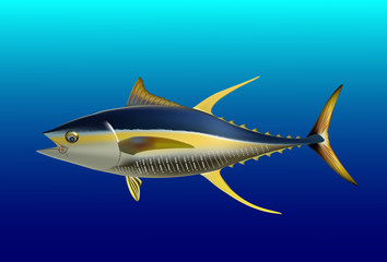 Obraz premium Yellow fin tuna, realistic sea fish illustration on blue background