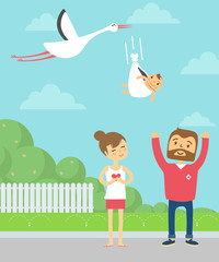 Happy parents. Stork carries newborn