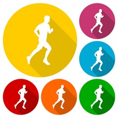 Man running silhouette icons set with long shadow