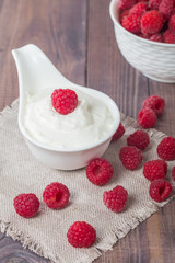 fresh natural yogurt with raspberries