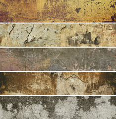 Collection of six narrow  images with vintage grunge texture of old weathered dirty wall, suitable for web sites