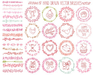 Love heart doodle brushes.Valentine,wedding wreath.Color