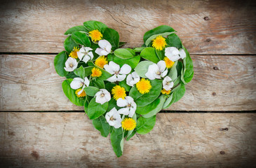 Dandelions and quince flowers made love heart on wooden table