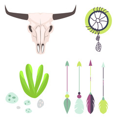 Longhorn cow skull head vector illustration. Isolated on white animal cranium. Tribal set with bull skeleton, arrows, dreamcatcher and succulent plant.