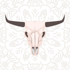 Longhorn cow skull head vector illustration. Animal cranium on subtle openwork background in boho style..