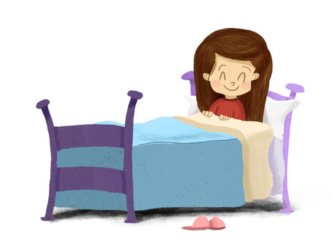 Dibujo de una niña en la cama preparada para dormir, es de noche, se está tapando con una manta mientras sonrie