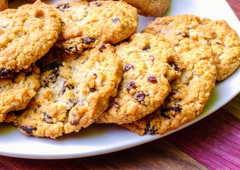 Oatmeal Raisin Cookies. Fresh plate of warm oatmeal raisin cookies.