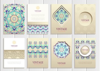 Turquoise vintage frames, ornaments, patterns and golden backgrounds