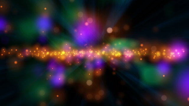 Psychedelic Stars (30fps). Vibrant colorful random lights flickering flashing and streaking. The camera moves through layers of bokeh star particles, creating a trippy and psychedelic background.