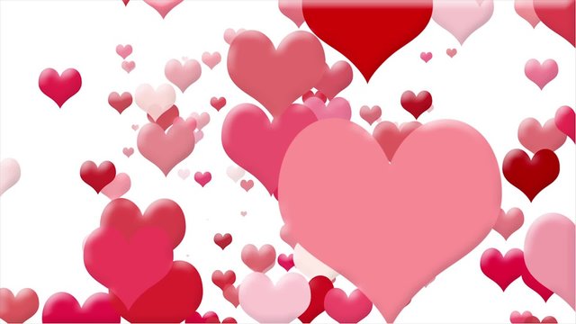 Seamlessly looping motion features Valentine hearts, in various shades from light pink to red, zooming towards the point of view against a pure white background.