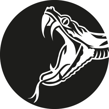 Snake head ready to strike stamped out of a circle