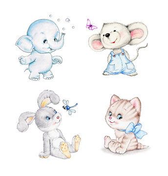 Set of animals: elephant, mouse, kitten, bunny