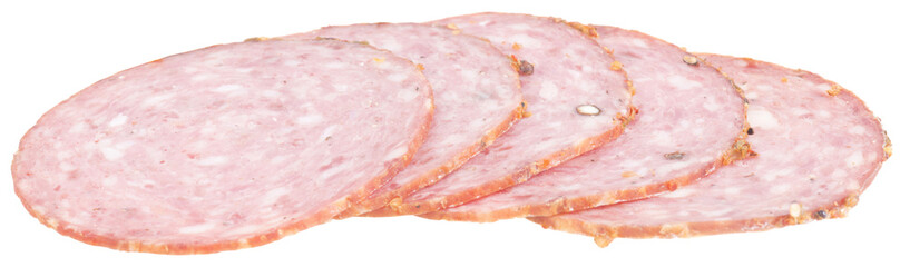 5 slices fresh sausage. isolated on white background.
