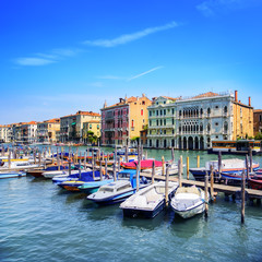 Naklejka na ściany i meble Venice cityscape, boats and traditional buildings. Grand canal.