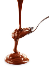 Melted milky brown chocolate pouring from a spoon, isolated on white