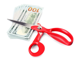 Scissors cut dollar banknotes, isolated on white