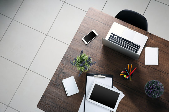 Session concept. Workplace top view.