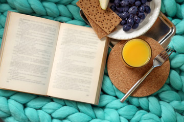 Open book, plaid and juice on sofa
