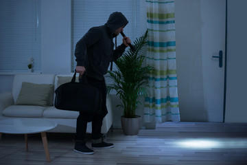 Robber With Flashlight And Bag Walking In Living Room