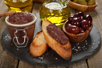 Tapenade, olives and olive oil
