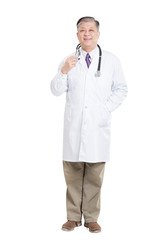 gesture of old asian man doctor in white with stethoscope